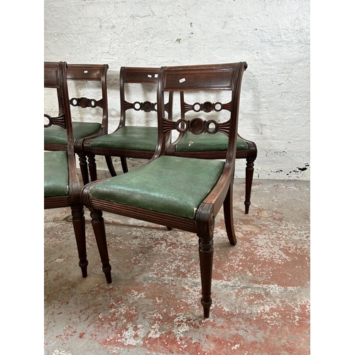 17 - Five Regency mahogany dining chairs with green leather upholstery, stamped R.C to underside