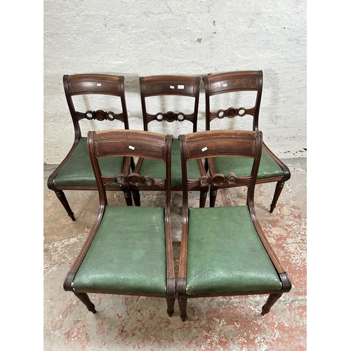 17 - Five Regency mahogany dining chairs with green leather upholstery, stamped R.C to underside