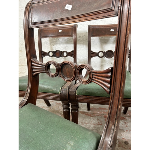 17 - Five Regency mahogany dining chairs with green leather upholstery, stamped R.C to underside