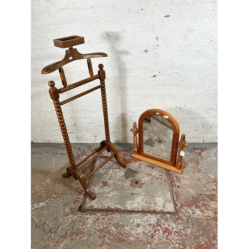 58 - Two pieces of furniture, one beech bobbin turned valet stand - approx. 118cm high and one pine dress... 