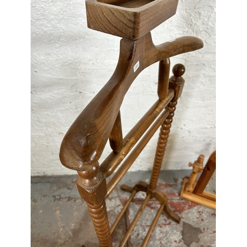 58 - Two pieces of furniture, one beech bobbin turned valet stand - approx. 118cm high and one pine dress... 