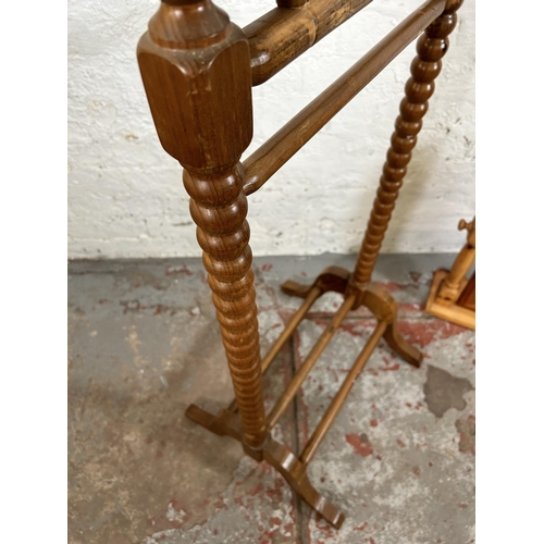 58 - Two pieces of furniture, one beech bobbin turned valet stand - approx. 118cm high and one pine dress... 