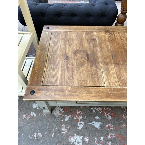 65 - A Mexican pine and grey painted rectangular coffee table