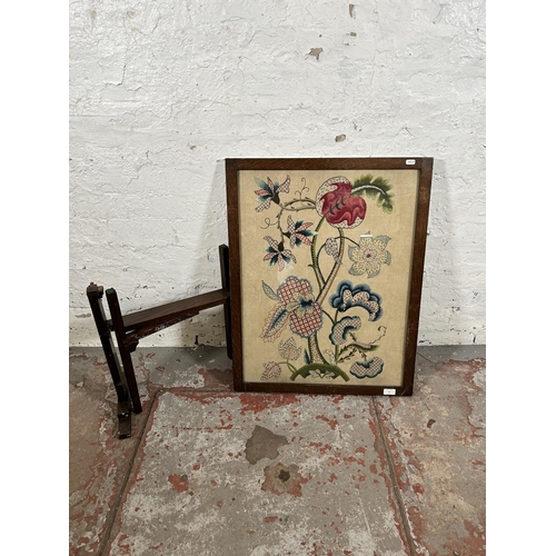 73 - A vintage oak framed tapestry fire screen