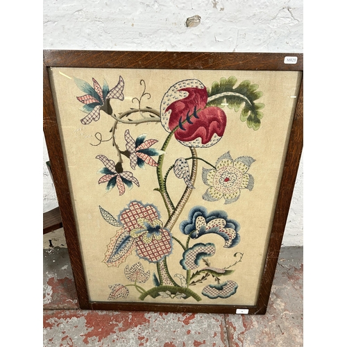 73 - A vintage oak framed tapestry fire screen