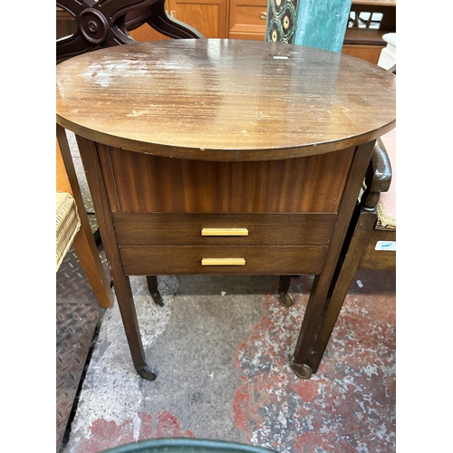 87 - Four pieces of furniture to include mahogany sewing table, mahogany and pink fabric upholstered pian... 