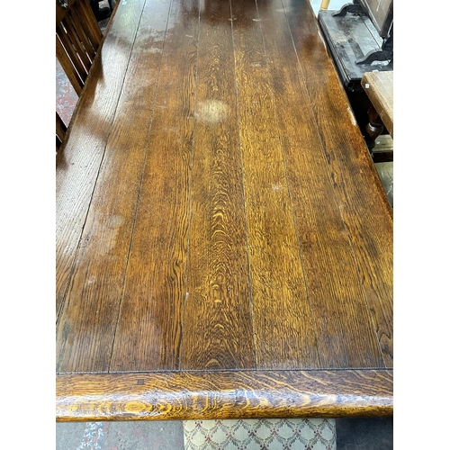 88 - A Royal Oak solid oak refectory dining table and six matching chairs - approx. 77cm high x 107cm wid... 