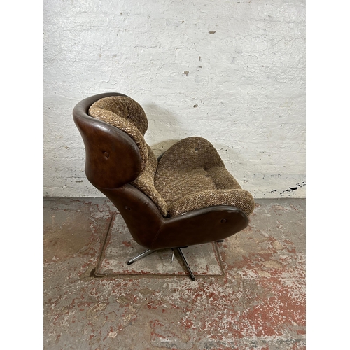 93 - A 1970s Norwegian Ring Möbelfabrik brown leather and fabric swivel armchair - approx. 93cm high x 87... 