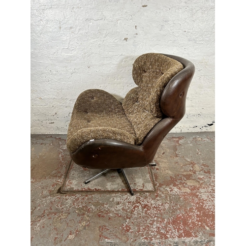 93 - A 1970s Norwegian Ring Möbelfabrik brown leather and fabric swivel armchair - approx. 93cm high x 87... 