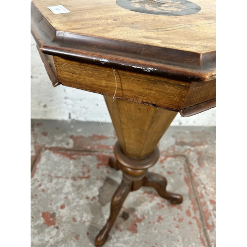 117 - A Victorian inlaid walnut octagonal sewing table with tripod pedestal support - approx. 70cm high x ... 