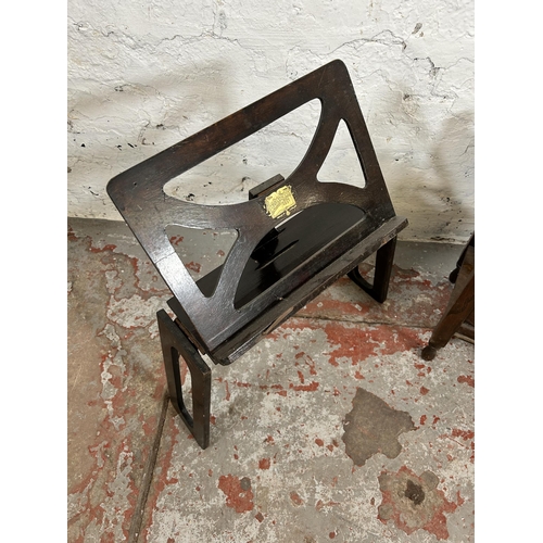 123 - Two pieces of furniture, one 1920s Bershaw bookrest and one oak two section magazine rack