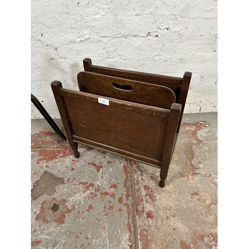 123 - Two pieces of furniture, one 1920s Bershaw bookrest and one oak two section magazine rack