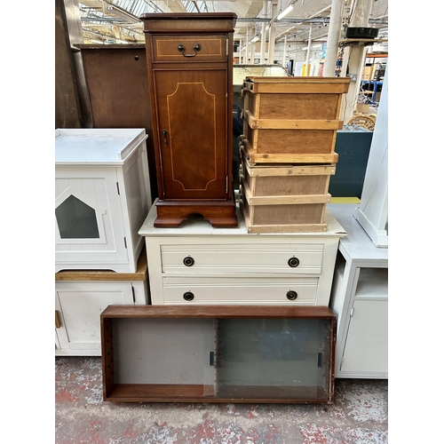 173 - Ten pieces of furniture to include beech and white painted TV stand, mid 20th century teak wall moun... 