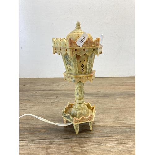 428 - A vintage carved soapstone table lamp - approx. 26cm high