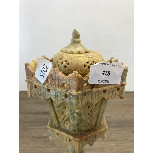 428 - A vintage carved soapstone table lamp - approx. 26cm high