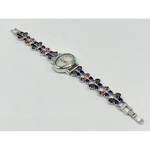 1254 - A Gems .925 silver multi gemstone quartz women's wristwatch with certificate - approx. gross weight ... 