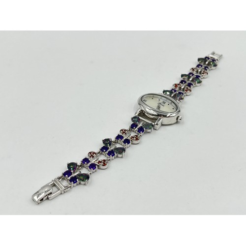 1254 - A Gems .925 silver multi gemstone quartz women's wristwatch with certificate - approx. gross weight ... 