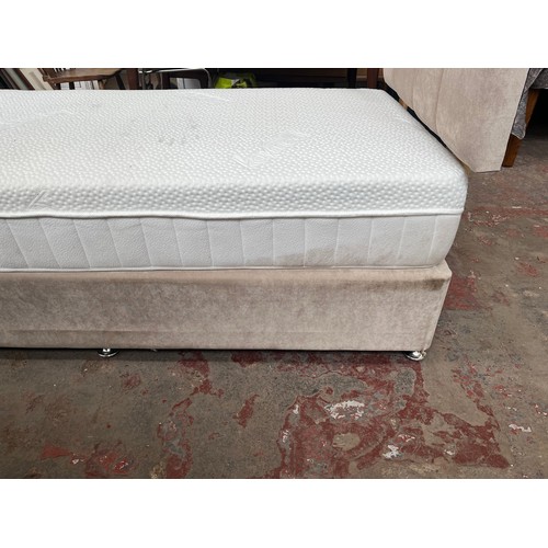 26 - A modern grey fabric single divan bed with headboard and mattress