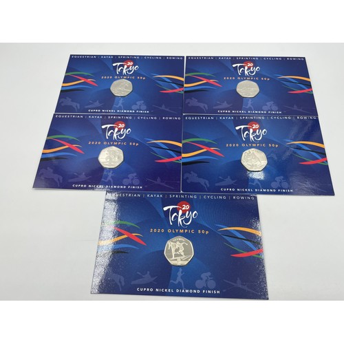 1366 - Five Pobjoy Mint 2020 Tokyo Olympic 50 pence coins