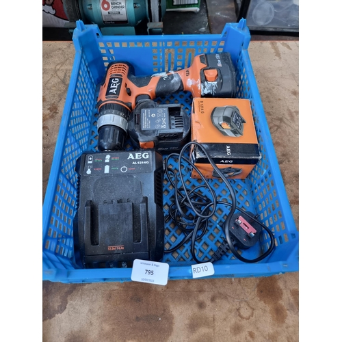 795 - An AEG 12v cordless drill with two batteries and one battery charger