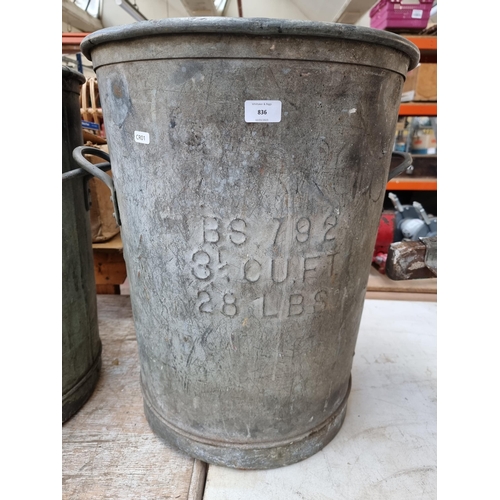 836 - A vintage galvanised twin handled dustbin - approx. 61cm high x 49cm diameter