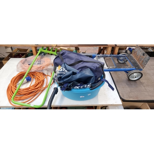 848 - A quantity of tools and camping equipment to include P.L.S. awning tie down kit, sack truck, electri... 