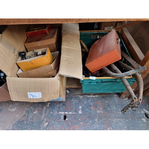 878 - Two boxes containing tools to include boxed Stanley no. 71 wood plane, cast iron g-clamp, Iron Hamme... 