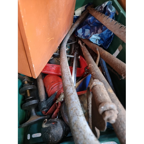 878 - Two boxes containing tools to include boxed Stanley no. 71 wood plane, cast iron g-clamp, Iron Hamme... 