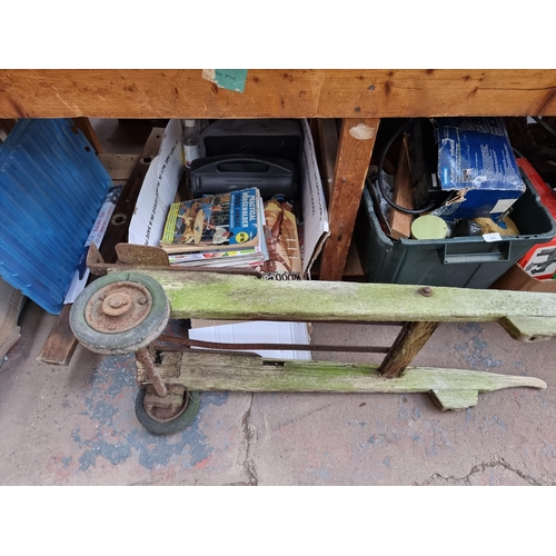 879 - A collection of house clearance items to include antique wood and cast metal sack truck, wood workin... 