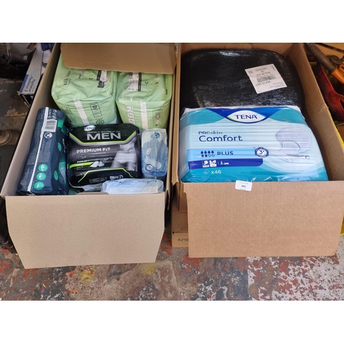 903 - Three boxes containing Tena protective underwear and Lille Healthcare protective pants