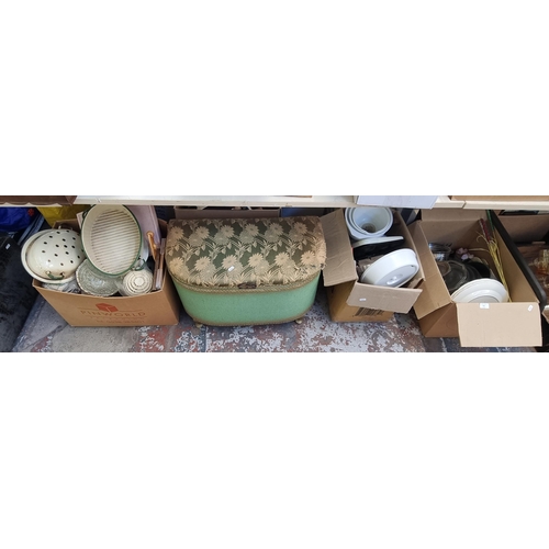 915 - Three boxes and one Lloyd Loom style blanket box containing kitchenware, art glass paperweight, bath... 