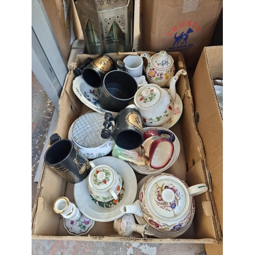 918 - Three boxes containing ceramics to include Portmeirion mugs, Royal Doulton the Cardinal character ju... 