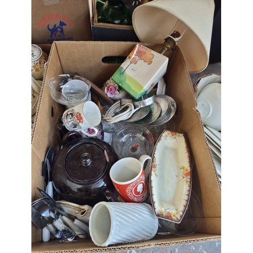 918 - Three boxes containing ceramics to include Portmeirion mugs, Royal Doulton the Cardinal character ju... 