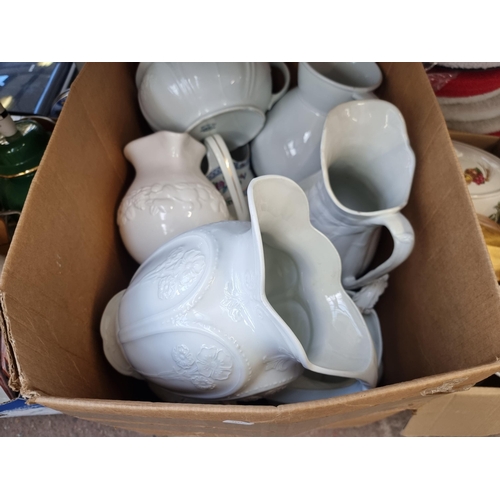 921 - Five boxes containing ceramics to include J & G Meakin water jug and bowl, Royal Worcester gold pian... 