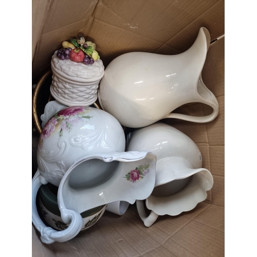 921 - Five boxes containing ceramics to include J & G Meakin water jug and bowl, Royal Worcester gold pian... 