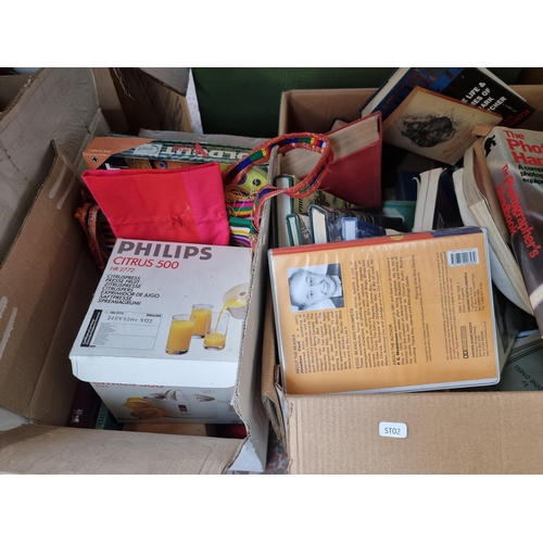 924 - Five boxes containing books, Philips citrus press, kitchenware etc.