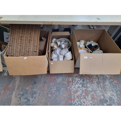 927 - Three boxes containing ceramics, rubber ducks, silver plated coffee pot etc.