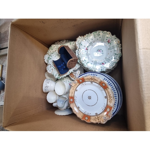 927 - Three boxes containing ceramics, rubber ducks, silver plated coffee pot etc.