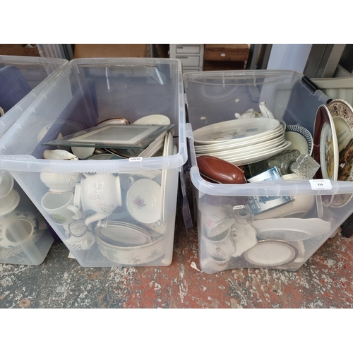 934 - Four boxes containing a large quantity of ceramics to include nine Wedgwood Ice Rose dinner plates, ... 