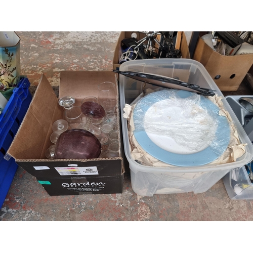 943 - Two boxes containing glassware, Marks & Spencer dinner plates, wall mirror etc.