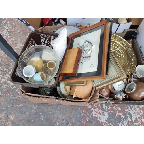 945 - Three boxes containing four wicker baskets, ceramics, brass charger etc.