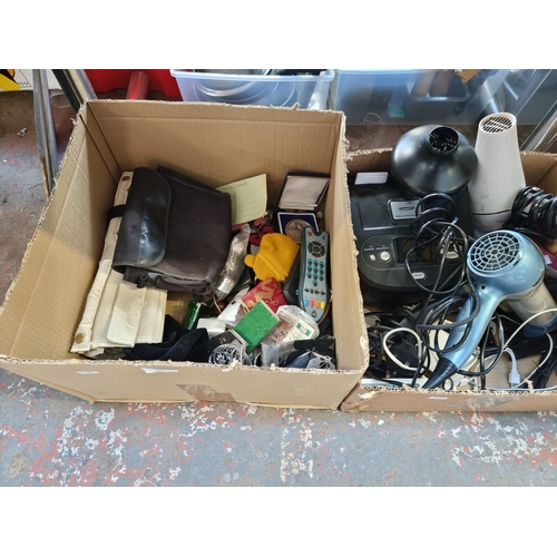 952 - Four boxes containing electrical items, trinket box, compact mirror etc.