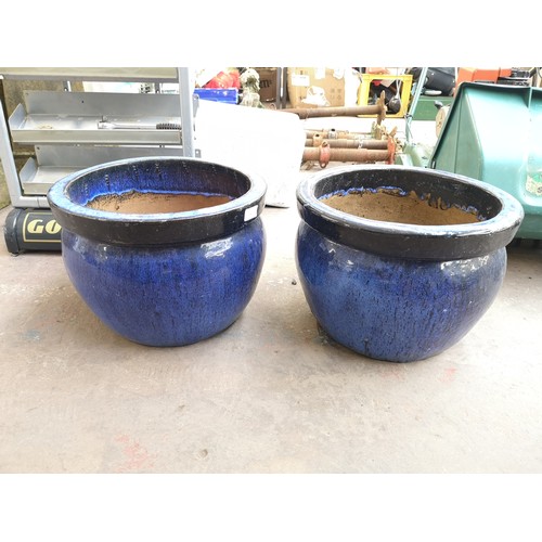 867 - A pair of blue glazed garden planters - approx. 28cm high x 40cm diameter