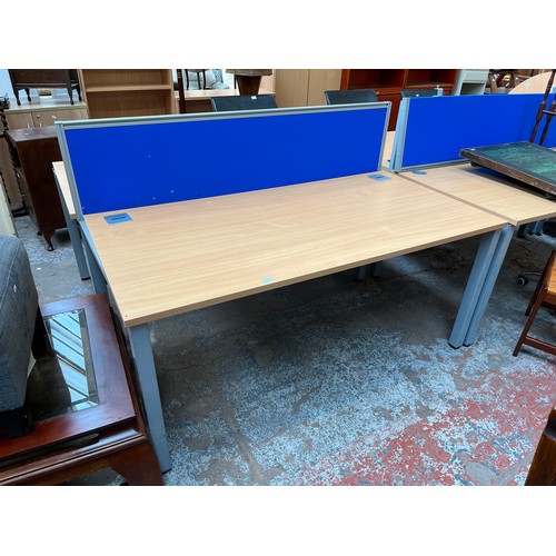 94 - A modern beech effect and grey metal double desk - approx. 163cm long x 161cm wide x 73cm high