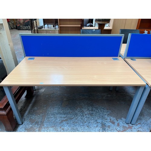 94 - A modern beech effect and grey metal double desk - approx. 163cm long x 161cm wide x 73cm high