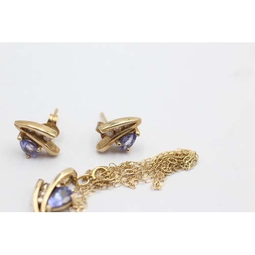 1059 - A 9ct gold tanzanite and diamond pendant necklace and earrings set - approx. gross weight 3 grams