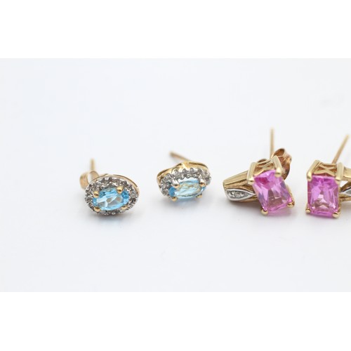 1064 - Three pairs of 9ct gold gemstone and diamond earrings, one pink sapphire, one topaz and one tanzanit... 