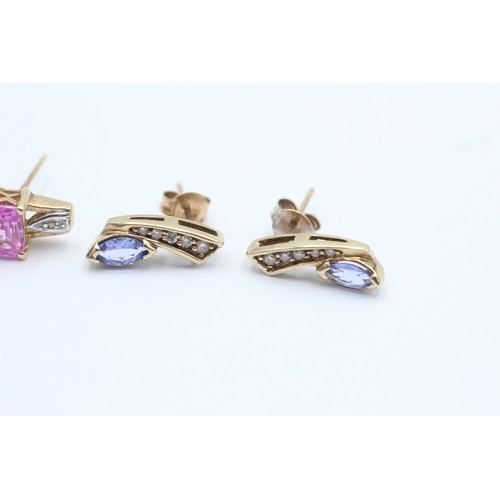 1064 - Three pairs of 9ct gold gemstone and diamond earrings, one pink sapphire, one topaz and one tanzanit... 