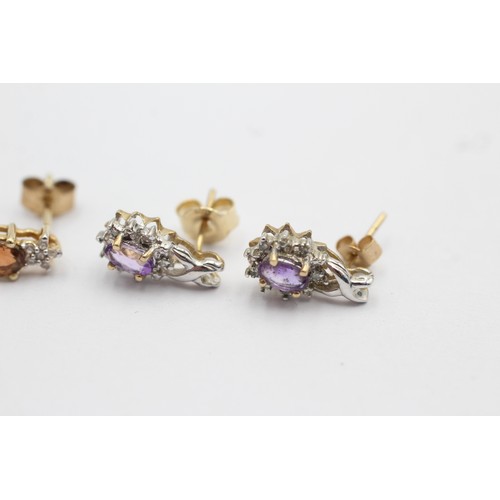 1065 - Two pairs of 9ct gold gemstone and diamond cluster earrings, amethyst and one citrine - approx. gros... 