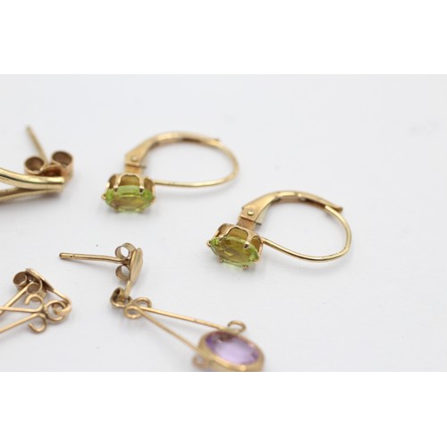 1068 - Three pairs of 9ct gold gemstone earrings, one amethyst, one peridot and one topaz - approx. gross w... 